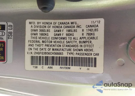 2012 Honda Civic Lx from USA, damaged, VIN 2HGFG3B56CH566665